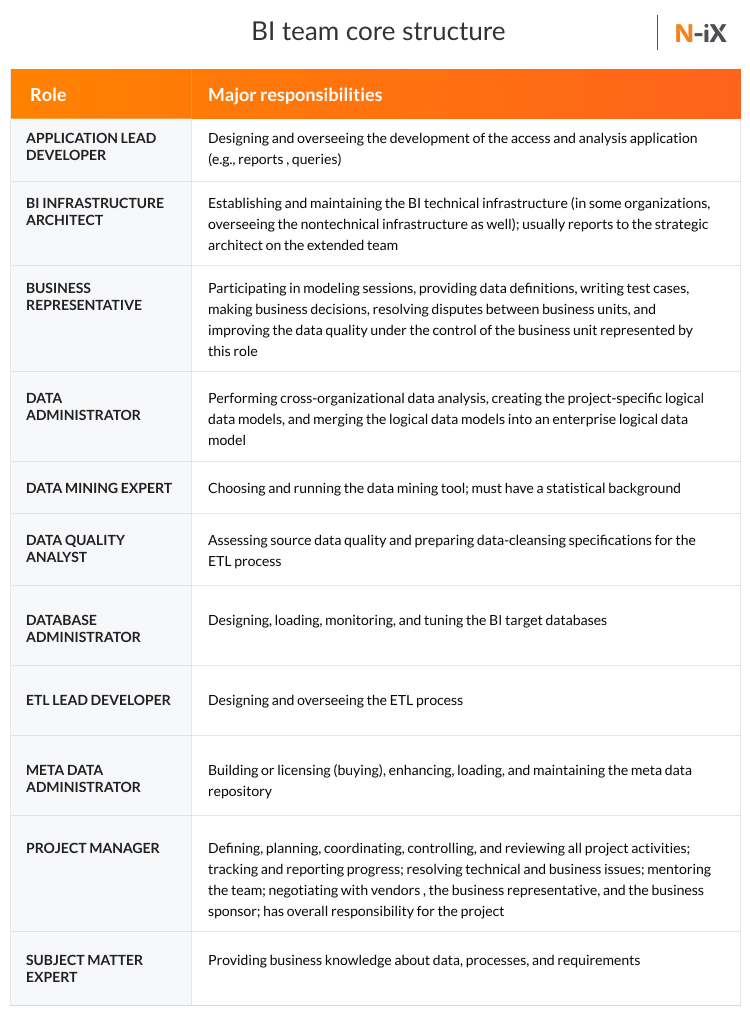 BI team structure: business intelligence developer, architect, lead, analyst, data mining expert